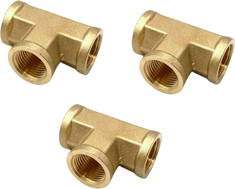 Bumugufu 3 Pcs 3/8" NPT Brass Pipe Tee,3/8" NPT to 3/8" NPT to 3/8" NPT Female Tee 3 Way Brass Pipe Fittings for Air, Propane, Oil and Natural Gas - Image 1